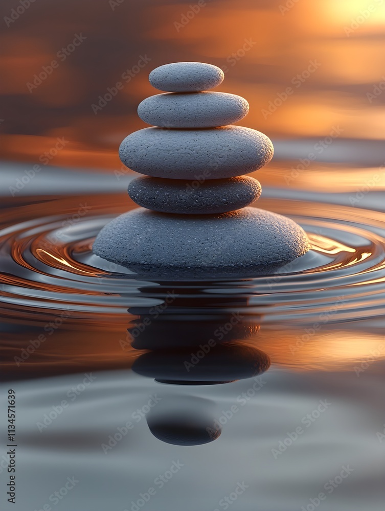 Pebble stacks in sunset waters reflecting a Japanese Zen concept Pebble stacks in sunset waters reflecting a Japanese Zen concept