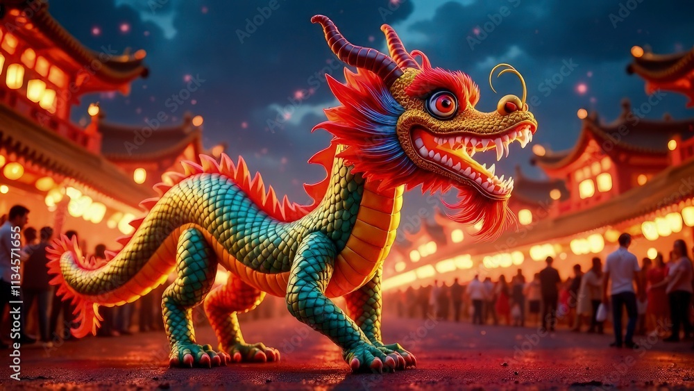 A vibrant dragon dance performance during a festival, colorful dragon costume in motion with detailed scales, performers holding poles beneath, set against a crowd with glowing lanterns at night A vibrant dragon dance performance during a festival, colorful dragon costume in motion with detailed scales, performers holding poles beneath, set against a crowd with glowing lanterns at night