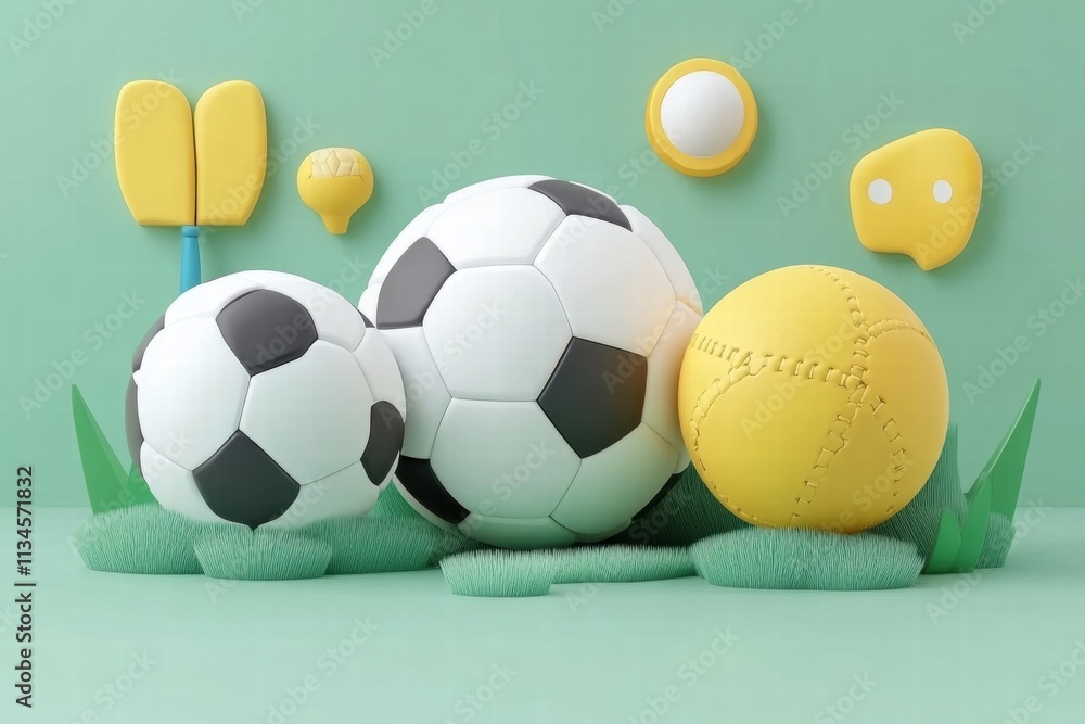 Playful 3D Render of Soccer and Baseball Balls in Grass Playful 3D Render of Soccer and Baseball Balls in Grass