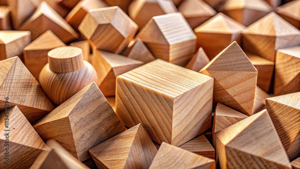 Obraz premium Geometric wooden shapes in close-up macro shot, abstract, background, shapes, design, texture, pattern, decor, artistic