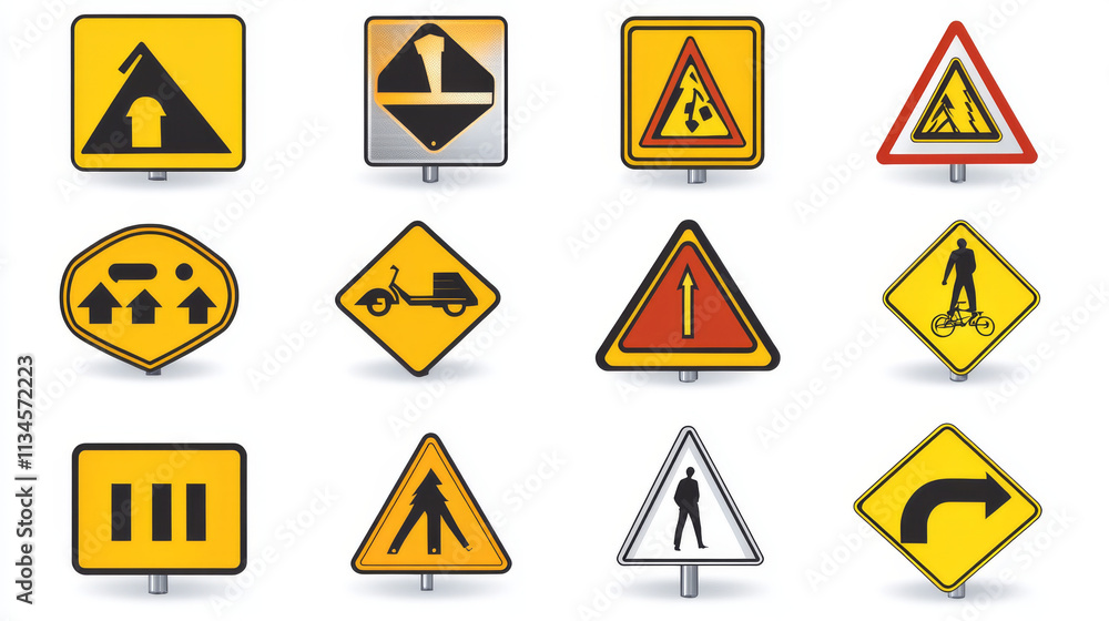 Road signs collection. Vector realistic set of blank traffic sign boards different shapes for attention, alert, speed limit and direction notice isolated on white background Road signs collection. Vector realistic set of blank traffic sign boards different shapes for attention, alert, speed limit and direction notice isolated on white background
