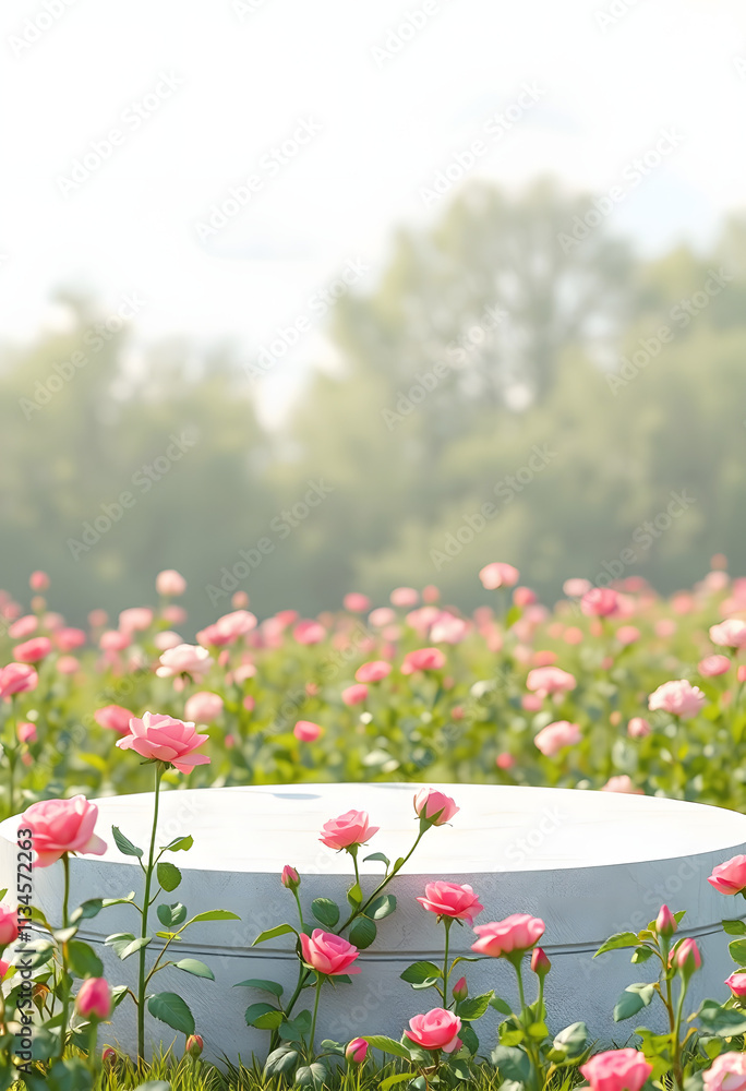 Natural beauty podium backdrop with spring rose flower field scene. 3d rendering, Dreamy, with white tones Natural beauty podium backdrop with spring rose flower field scene. 3d rendering, Dreamy, with white tones