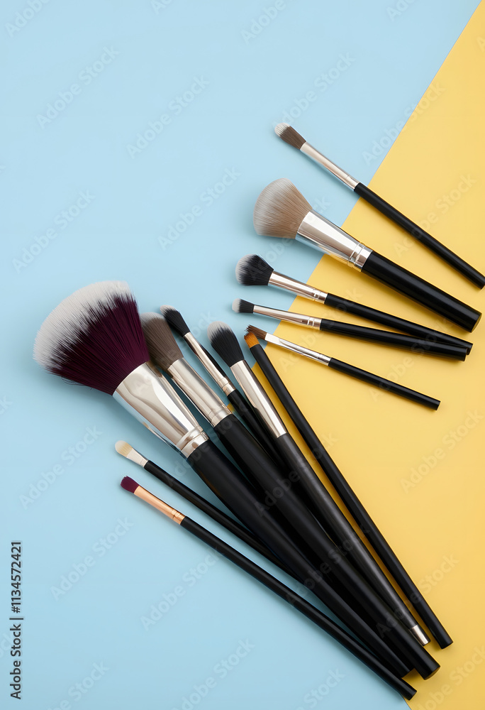 Set of makeup brushes arranged on a split blue and yellow background, showcasing beauty tools and cosmetic essentials. Concept of beauty, fashion, and makeup, cinematic, with white tones Set of makeup brushes arranged on a split blue and yellow background, showcasing beauty tools and cosmetic essentials. Concept of beauty, fashion, and makeup, cinematic, with white tones