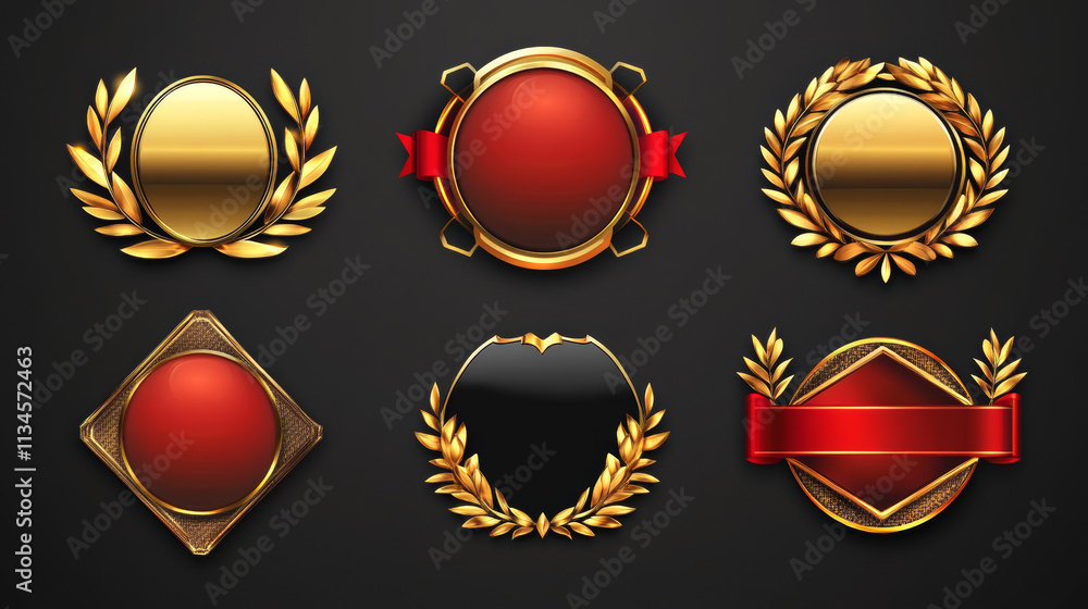 Game level ui icons, golden buttons, isolated award or bonus square frames. Empty badges or banners with red glossy plank, gold decorated wreath, winner and user experience Vector graphics for rpg Game level ui icons, golden buttons, isolated award or bonus square frames. Empty badges or banners with red glossy plank, gold decorated wreath, winner and user experience Vector graphics for rpg