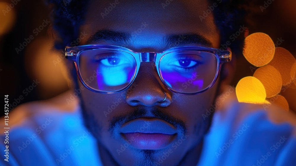 A close-up portrait of a young man with glasses, illuminated by blue light and warm bokeh. A close-up portrait of a young man with glasses, illuminated by blue light and warm bokeh.