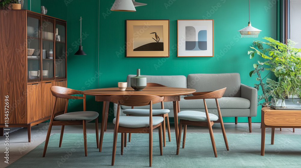 Mint color chairs at round wooden dining table in room with sofa and cabinet near green wall. Scandinavian, mid-century home interior design of modern living room Mint color chairs at round wooden dining table in room with sofa and cabinet near green wall. Scandinavian, mid-century home interior design of modern living room