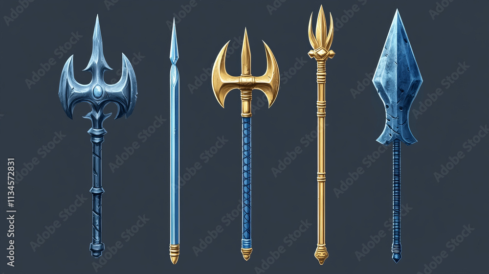 Magic staff icon. Devil trident and spear cartoon fantasy ui set. Gold mythology pitchfork for demon illustration. Magician blue neptune weapon with arrow isolated. Warlock lance for game interface Magic staff icon. Devil trident and spear cartoon fantasy ui set. Gold mythology pitchfork for demon illustration. Magician blue neptune weapon with arrow isolated. Warlock lance for game interface