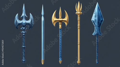 Magic staff icon. Devil trident and spear cartoon fantasy ui set. Gold mythology pitchfork for demon illustration. Magician blue neptune weapon with arrow isolated. Warlock lance for game interface