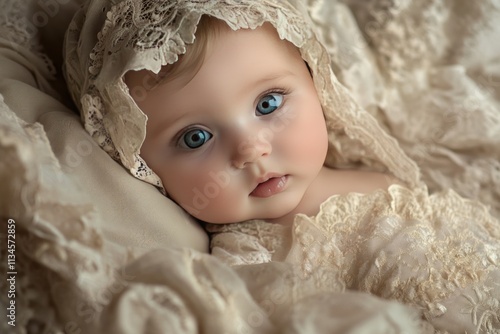 Charming Adorable Baby with Piercing Blue Eyes Wrapped in Soft Lace Fabric, Soft Light Enhancing Features, Surrounded by Delicate Textiles and Gentle Tones photo