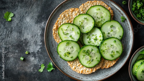 Quick Nordic snack with crispbread topped with cucumber slices and smoked fish photo