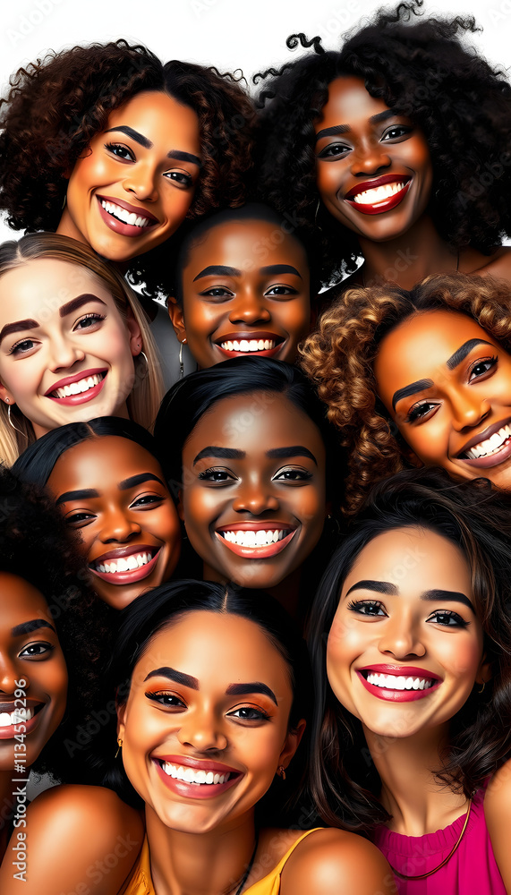 Ethnic diversity and beauty Group of women of various races with beautiful white smiles with white background, pop-art Ethnic diversity and beauty Group of women of various races with beautiful white smiles with white background, pop-art
