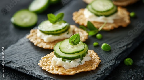 Quick Nordic snack with crispbread topped with cucumber slices and smoked fish photo