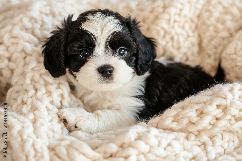 Adorable Black and White Puppy Nestled in Cozy Cream Yarn Blanket, Perfect for Animal Lovers and Pet Photography Projects Adorable Black and White Puppy Nestled in Cozy Cream Yarn Blanket, Perfect for Animal Lovers and Pet Photography Projects
