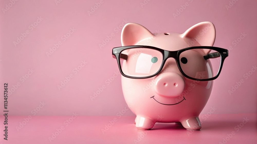Piggy bank wearing glasses on pastel pink background, savings, money, finance, savings account, investment, budgeting Piggy bank wearing glasses on pastel pink background, savings, money, finance, savings account, investment, budgeting
