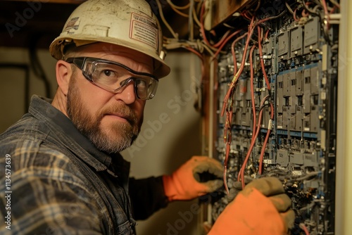 Skilled Technician in Protective Gear Working on Electrical Control Panel with Exposed Wiring in Industrial Environment