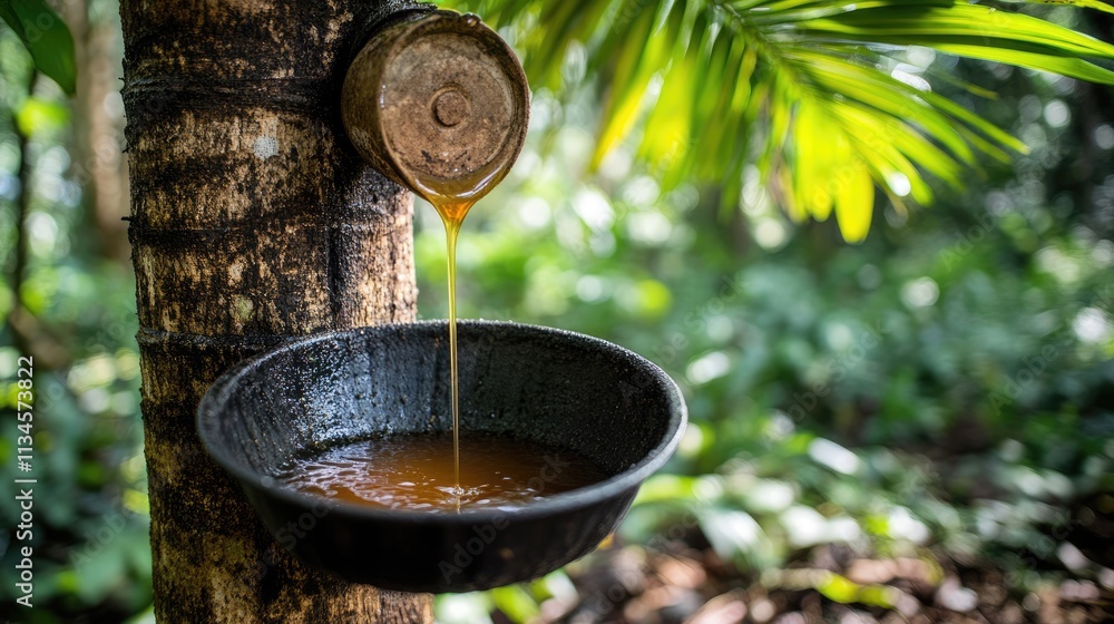 Natural Latex Collection from Rubber Tree in Lush Jungle Environment Natural Latex Collection from Rubber Tree in Lush Jungle Environment