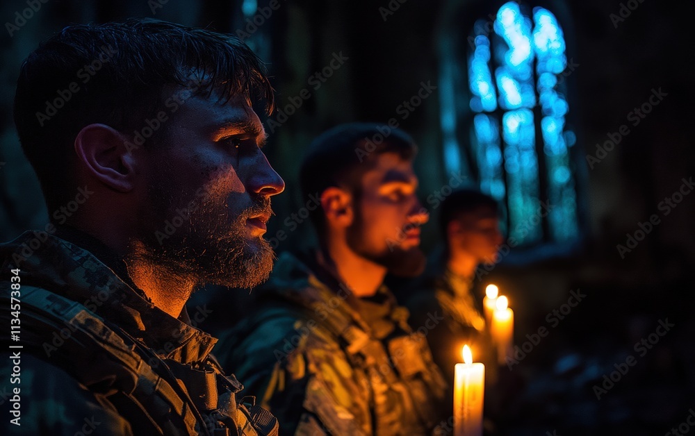 Ukrainian soldiers find solace in candlelight, their faces illuminated by flickering flames, amidst the darkness of war. A poignant moment of reflection. Ukrainian soldiers find solace in candlelight, their faces illuminated by flickering flames, amidst the darkness of war. A poignant moment of reflection.