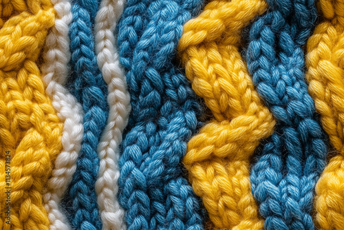 The texture of the hand-knitted fabric made of woolen threads, a variety of patterns. Close-up of multicolored knitting