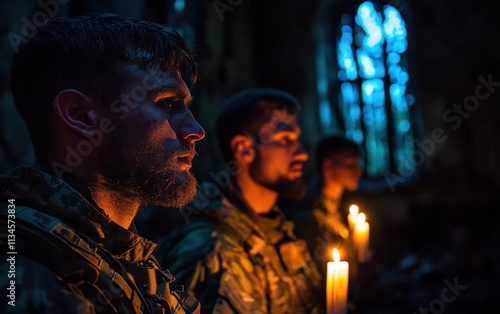 Ukrainian soldiers find solace in candlelight, their faces illuminated by flickering flames, amidst the darkness of war. A poignant moment of reflection.