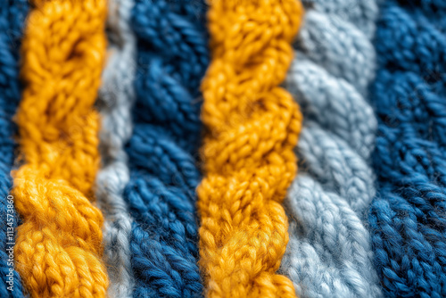 The texture of the hand-knitted fabric made of woolen threads, a variety of patterns. Background large multicolored knitting