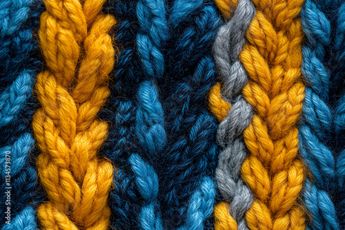 The texture of the hand-knitted fabric made of woolen threads, a variety of patterns. Close-up of multicolored knitting