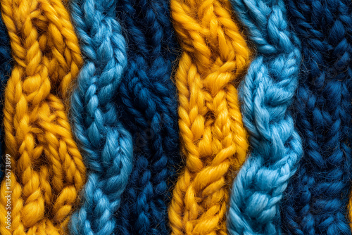 The texture of the hand-knitted fabric made of woolen threads, a variety of patterns. Background large multicolored knitting