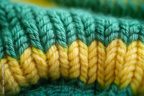 The texture of the hand-knitted fabric made of woolen threads, a variety of patterns. Background large multicolored knitting