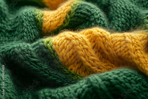 The texture of the hand-knitted fabric made of woolen threads, a variety of patterns. Background large multicolored knitting