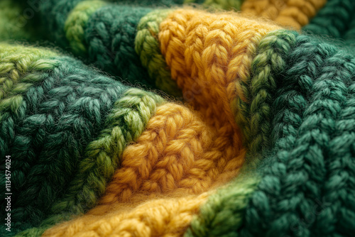 The texture of the hand-knitted fabric made of woolen threads, a variety of patterns. Background large multicolored knitting