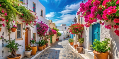 Fototapeta Naklejka Na Ścianę i Meble -  Beautiful street lined with colorful flowers in Santorini, Greece, beautiful, street, flowers, Santorini