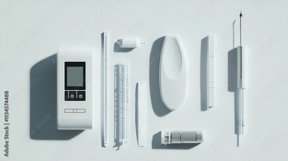Fototapeta premium A neatly arranged set of diabetes monitoring tools, including a sleek glucometer, lancets, and test strips, displayed on a minimalistic light gray background with soft shadows.