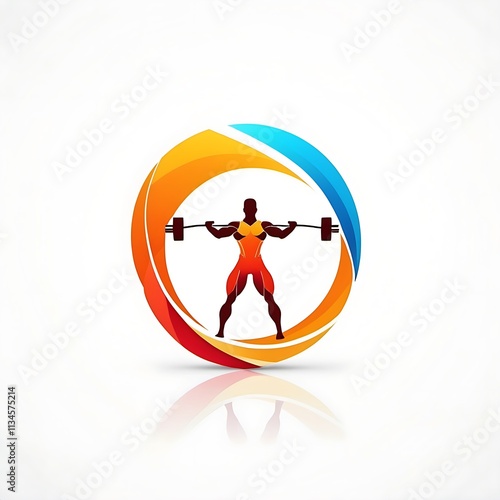 Weightlifting Strength Logo:  A bold and dynamic logo design featuring a weightlifter silhouetted against a vibrant orange and blue circle, embodying strength, power, and determination. photo