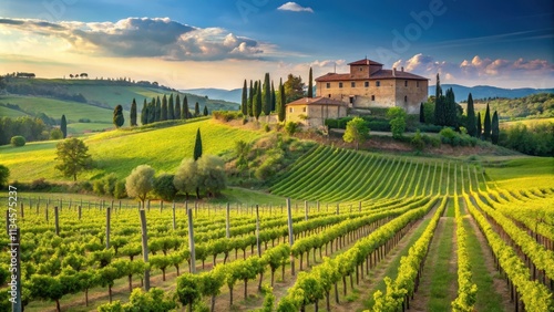Wallpaper Mural Idyllic Tuscany landscape with vineyards stretching towards a charming manor house, Tuscany, Italy, vineyard Torontodigital.ca
