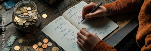 An ambitious person is focused on goal setting and planning, diligently noting ideas beside coins and cash, symbolizing their financial ambitions and a clear path to personal growth photo