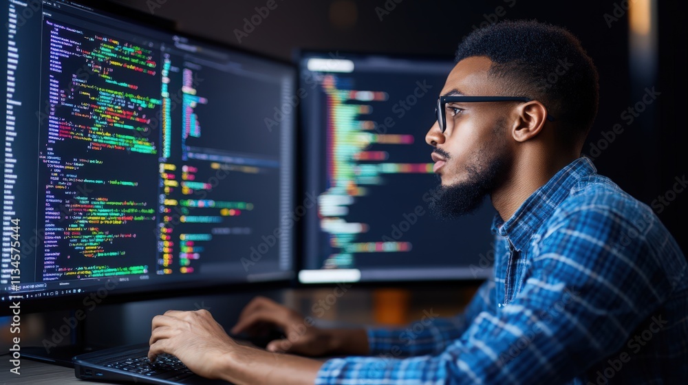 A man is sitting in front of two computer monitors A man is sitting in front of two computer monitors