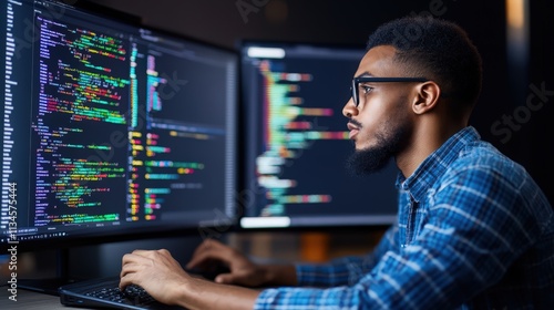 A man is sitting in front of two computer monitors