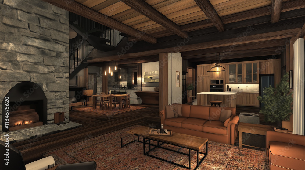 Farmhouse home interior design of modern living room with wooden staircase Farmhouse home interior design of modern living room with wooden staircase