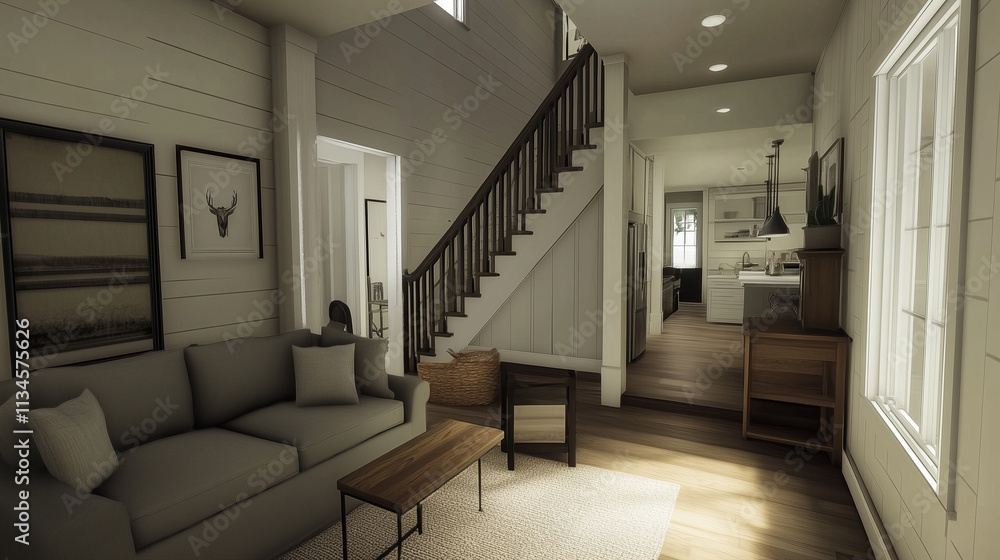 Fototapeta premium Farmhouse home interior design of modern living room with wooden staircase