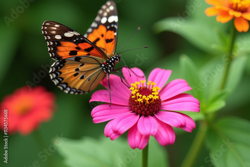 vanessa atalanta forages zinnia flowers red admirals