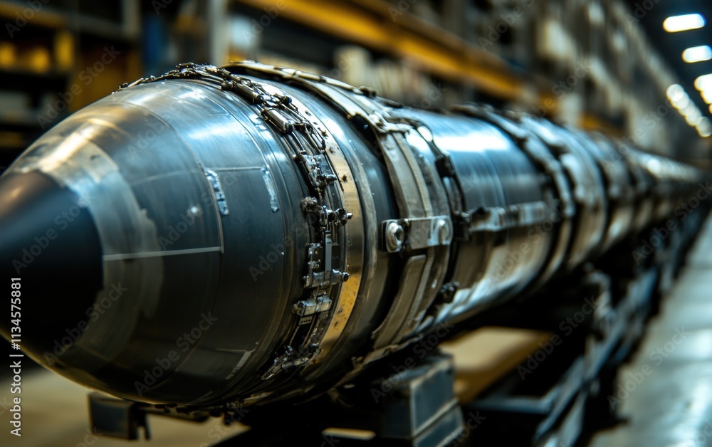 Close-up of a missile warhead, intricate details and metallic textures. A glimpse into powerful military technology. Close-up of a missile warhead, intricate details and metallic textures. A glimpse into powerful military technology.
