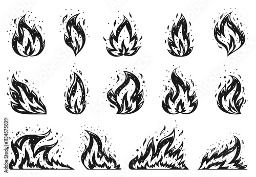 Cartoon fire set. Sparkling igniting flame. Hot temperature blazing dangerous fires. Flaming ignition, flammable blaze heat explosion danger flames energy flat symbol. Black stamping stencil diy