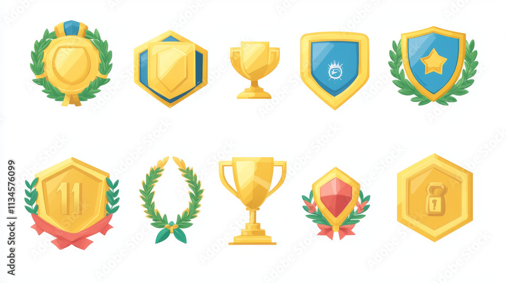 Golden game rank icons set isolated on background. Vector cartoon illustration of round and hexagonal medals, shiny shield, award badges decorated with laurel, ribbons and gemstones, winner trophy Golden game rank icons set isolated on background. Vector cartoon illustration of round and hexagonal medals, shiny shield, award badges decorated with laurel, ribbons and gemstones, winner trophy