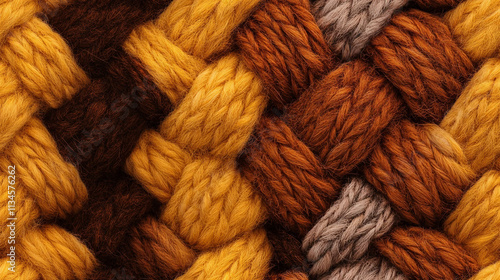 The texture of the hand-knitted fabric made of woolen threads, a variety of patterns. Background large multicolored knitting