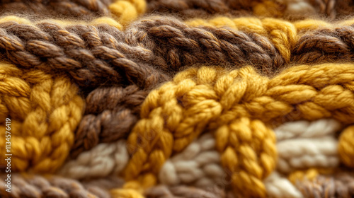 The texture of the hand-knitted fabric made of woolen threads, a variety of patterns. Close-up of multicolored knitting