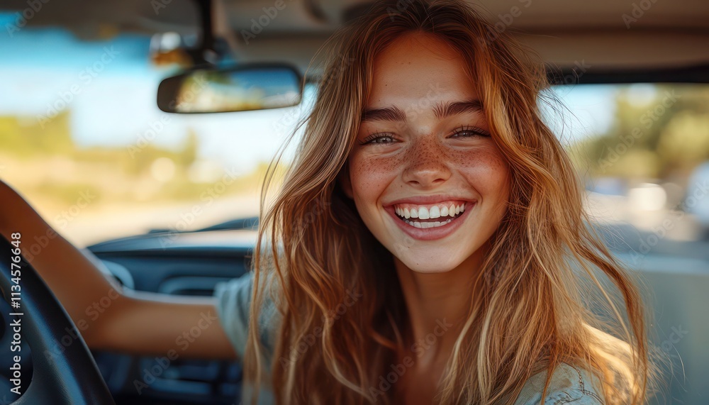 the joyful woman driving a modern car, singing along to music with a radiant smile, vibrant dashboard, and scenic background the joyful woman driving a modern car, singing along to music with a radiant smile, vibrant dashboard, and scenic background