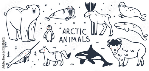 Arctic animals line. Doodle Polar birds and mammals. Northern cute inhabitants. White bear, elk, killer whale, bison. Cute arctic fox, hare, penguin cartoon flat isolated north wildlife fauna set