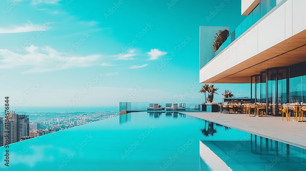 Fototapeta premium Modern Rooftop Infinity Pool Overlooking Cityscape
