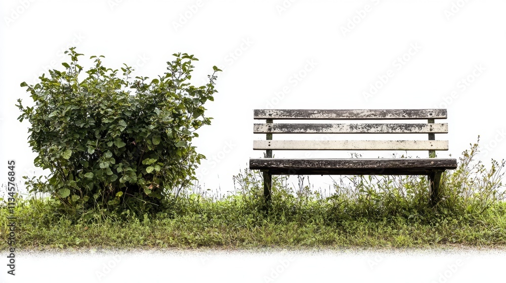 A charming wooden bench in a lush park, surrounded by nature, placed against a clean white background for artistic focus. A charming wooden bench in a lush park, surrounded by nature, placed against a clean white background for artistic focus.