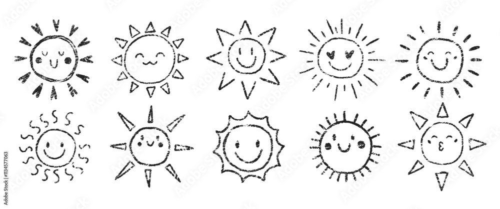 Set of handdrawn cute sun with crayon, chalk or pastel texture. Summer kids illustration with doodle style. Grunge vector illustration. Set of handdrawn cute sun with crayon, chalk or pastel texture. Summer kids illustration with doodle style. Grunge vector illustration.