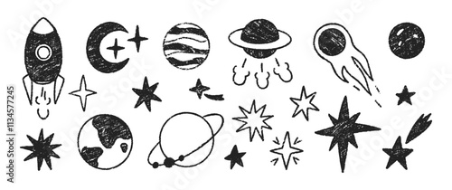 Set of elements of space with planets, stars and sun. Crayon, pencil or chalk texture. Hand drawn cartoon illustration for kids. Pastel vector illustration on a white background.
